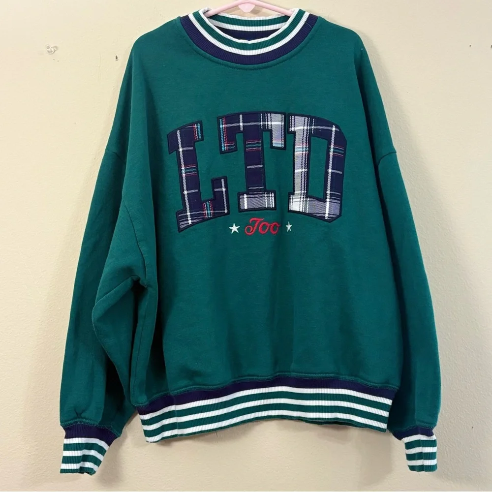 Limited Too Crewneck Sweatshirt Pullover Girls small (7/8) plaid green cl - Picture 1 of 5